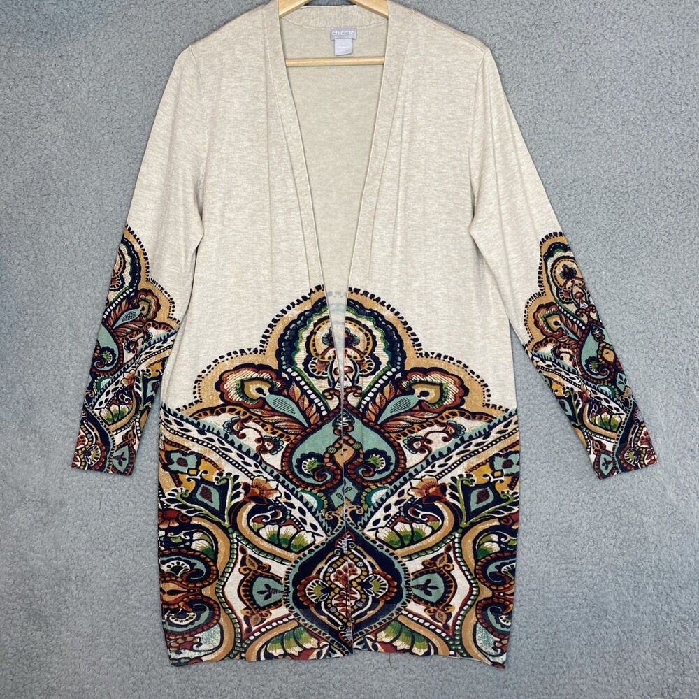 Chicos Sweater Womens Sz 1 Medium Beige Paisley Art to Wear Open Front Cardigan
